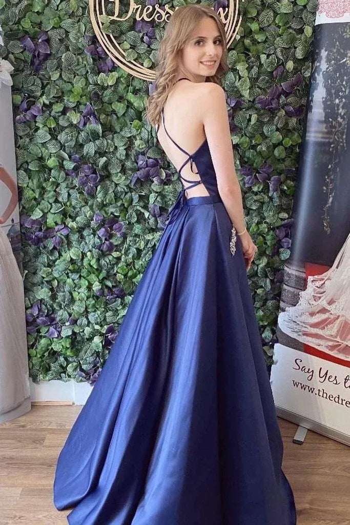 Halter Neck Open Back Beaded Pocket A-Line Prom Gown