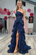 Navy Blue One Shoulder Tiered Ruffle High Slit Prom Dress