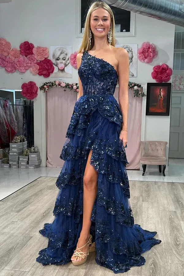 Navy Blue One Shoulder Tiered Ruffle High Slit Prom Dress