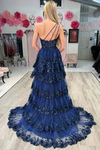Navy Blue One Shoulder Tiered Ruffle High Slit Prom Dress