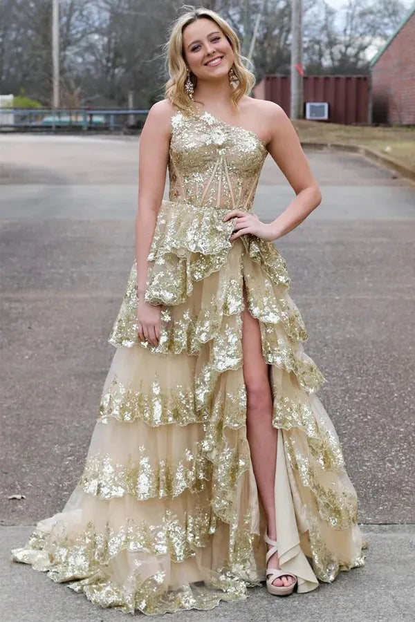 Navy Blue One Shoulder Tiered Ruffle High Slit Prom Dress