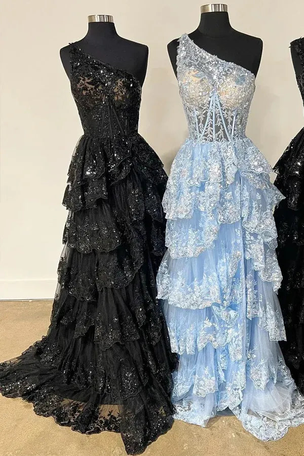 Navy Blue One Shoulder Tiered Ruffle High Slit Prom Dress