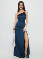 Navy Blue One - Shoulder Backless Maxi Dress with Side Slit Prom Dresses
