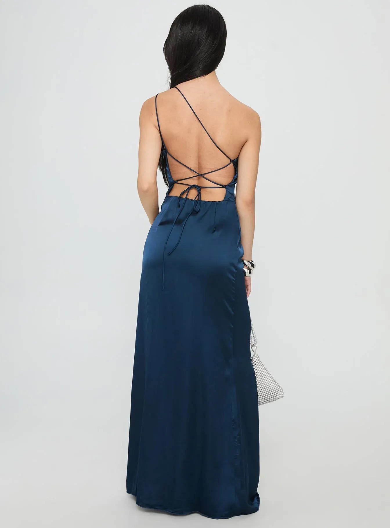 Navy Blue One - Shoulder Backless Maxi Dress with Side Slit Prom Dresses