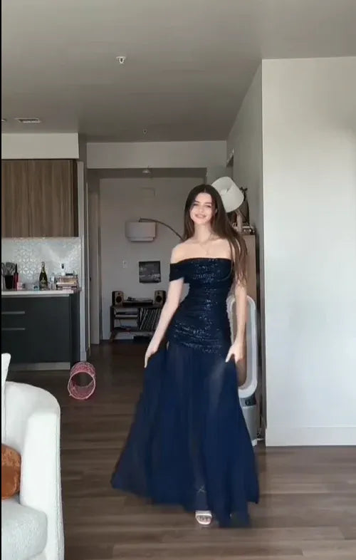 Navy Blue A Line One Shoulder Sequin Chiffon Wedding Bridesmaid Dress Prom Dress
