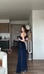 Navy Blue A Line One Shoulder Sequin Chiffon Wedding Bridesmaid Dress Prom Dress