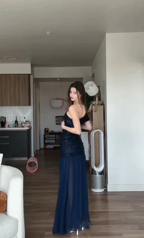 Navy Blue A Line One Shoulder Sequin Chiffon Wedding Bridesmaid Dress Prom Dress
