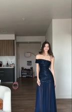 Navy Blue A Line One Shoulder Sequin Chiffon Wedding Bridesmaid Dress Prom Dress