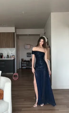 Navy Blue A Line One Shoulder Sequin Chiffon Wedding Bridesmaid Dress Prom Dress