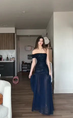 Navy Blue A Line One Shoulder Sequin Chiffon Wedding Bridesmaid Dress Prom Dress