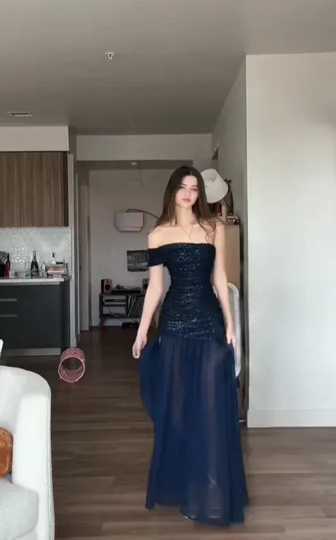 Navy Blue A Line One Shoulder Sequin Chiffon Wedding Bridesmaid Dress Prom Dress