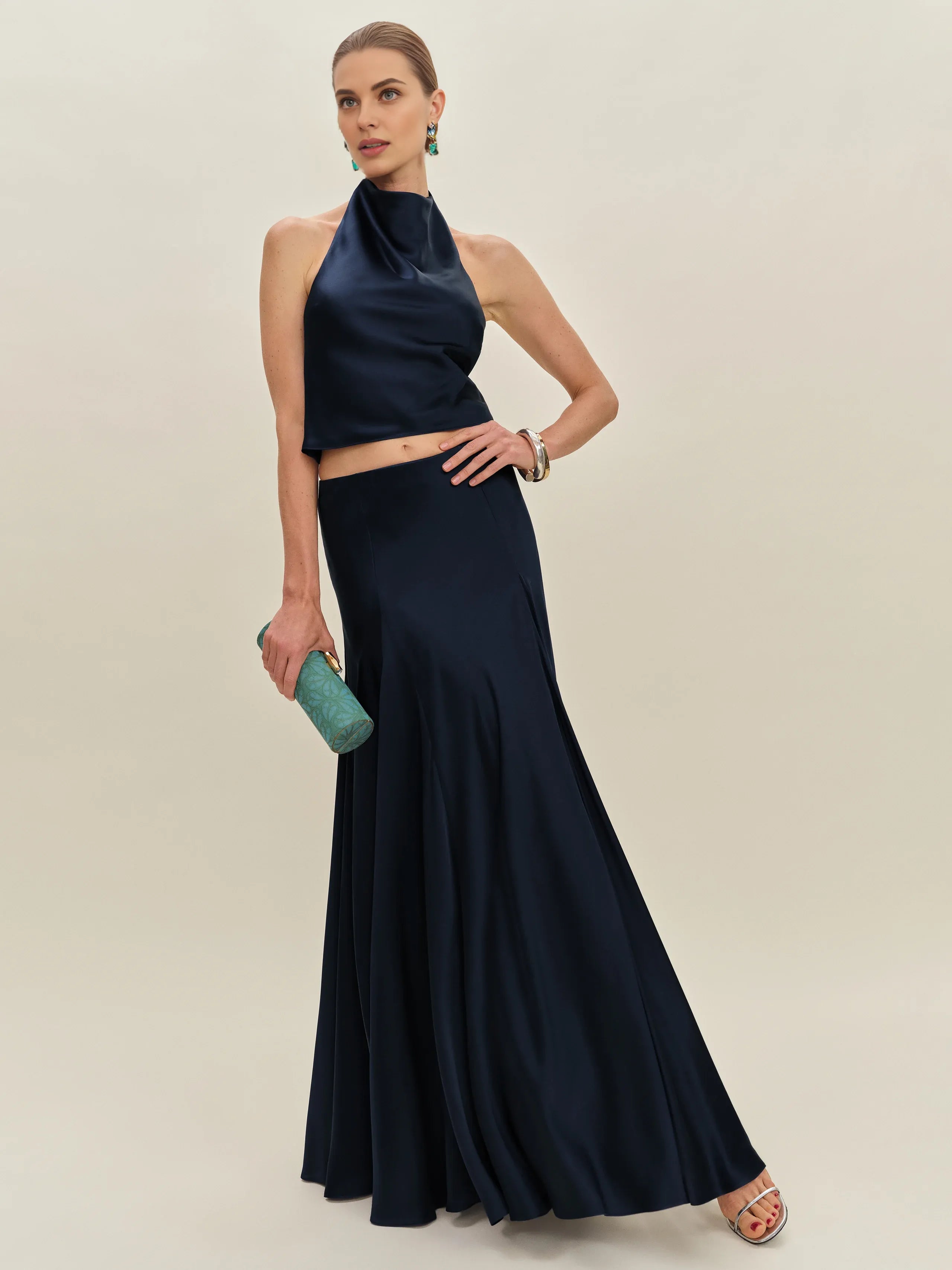 Dress Vintage Cowl Hight Neck Two Piece Sleeveless A-line Prom Dress Maxi Dress Backless Solid Color Evening Dress