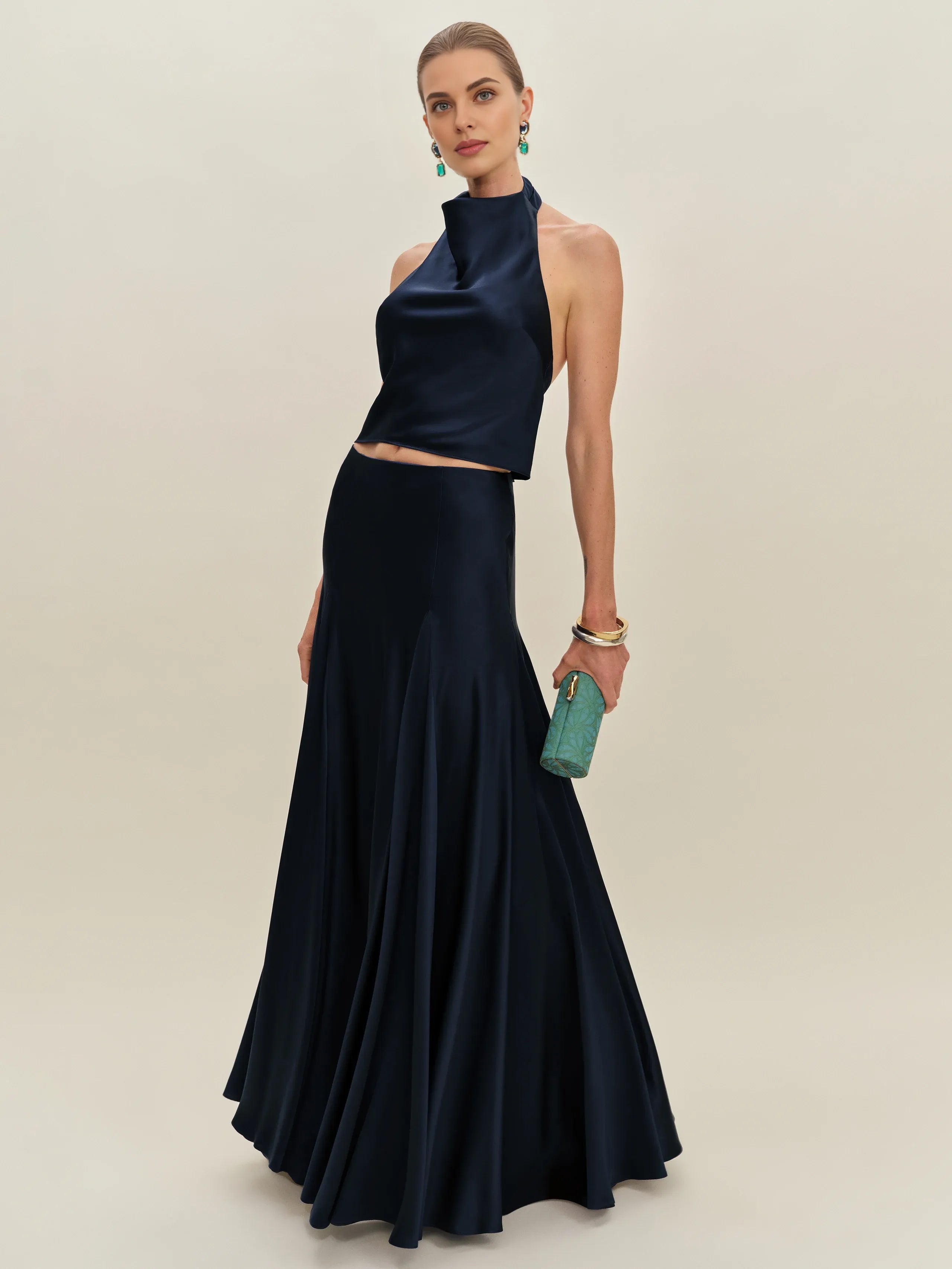 Dress Vintage Cowl Hight Neck Two Piece Sleeveless A-line Prom Dress Maxi Dress Backless Solid Color Evening Dress