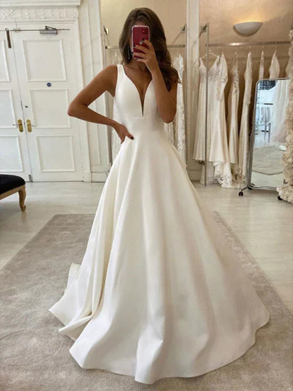 V Neck Satin A Line Wedding Dress With Delicate Straps For Brides, Elegant Timeless Glamour