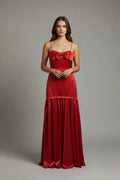 Luxurious Red Satin Prom Dress With Bow Front A Line Silhouette Spaghetti Straps For Prom Night