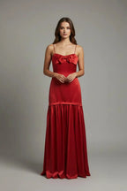 Luxurious Red Satin Prom Dress With Bow Front A Line Silhouette Spaghetti Straps For Prom Night
