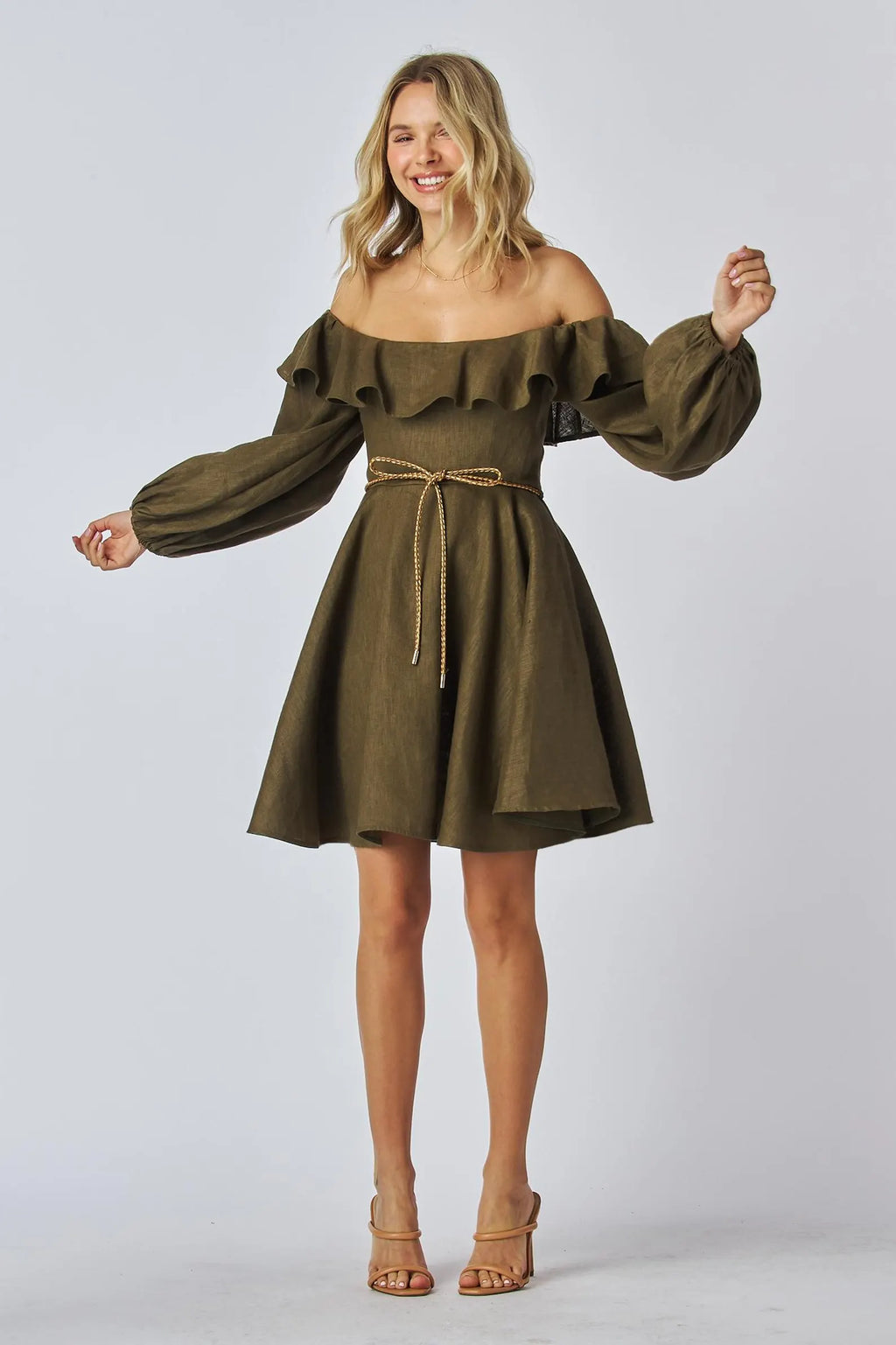 Green A-Line Off-Shoulder Long Sleeve Ruffled Bohemian Olive Mini Homecoming Dresses