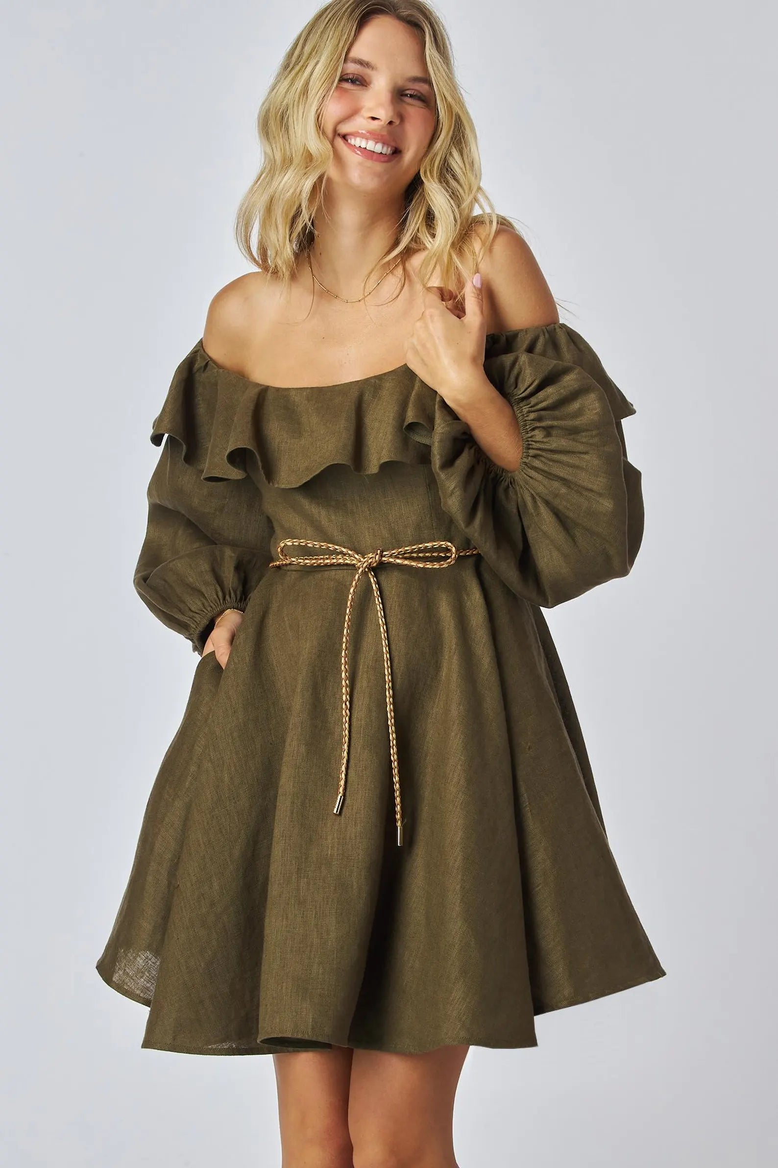Green A-Line Off-Shoulder Long Sleeve Ruffled Bohemian Olive Mini Homecoming Dresses