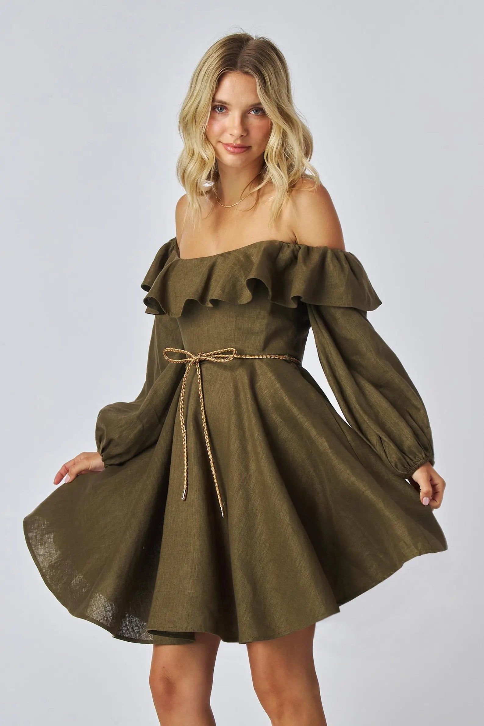 Green A-Line Off-Shoulder Long Sleeve Ruffled Bohemian Olive Mini Homecoming Dresses