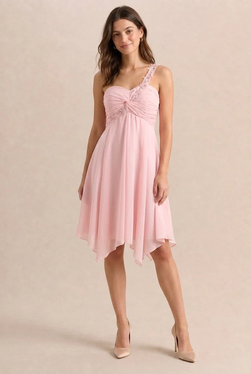 Pink A-Line One-Shoulder Ruched Short Homecoming Dress With Asymmetrical Hem