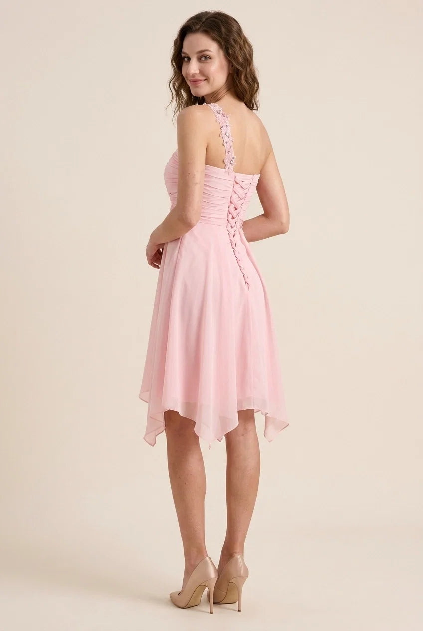 Pink A-Line One-Shoulder Ruched Short Homecoming Dress With Asymmetrical Hem