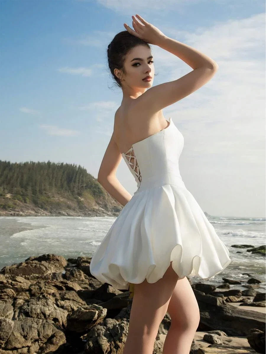 White Chic A-Line Strapless Corset Mini Homecoming Dress With Bubble Hem