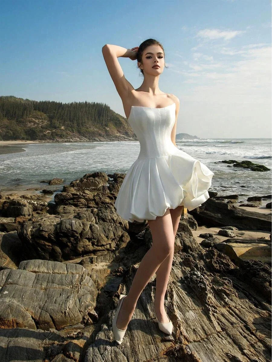 White Chic A-Line Strapless Corset Mini Homecoming Dress With Bubble Hem