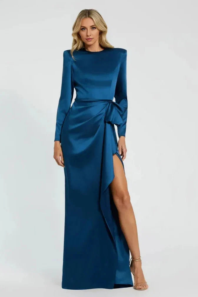 A-Line Round Neck Long Sleeve Zipper Up Floor-Length Prom Dress