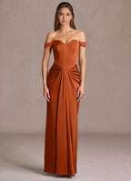 Off-Shoulder Satin Sheath Ruched Waist Lace Up Back High Slit Floor Length Hot sale Prom Dress