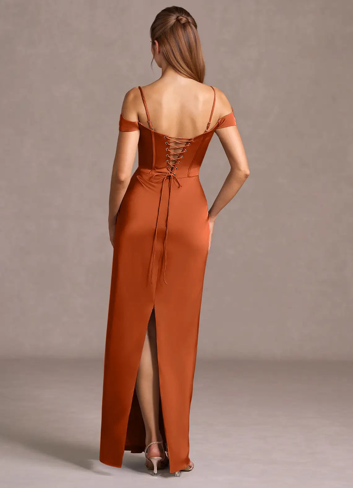 Off-Shoulder Satin Sheath Ruched Waist Lace Up Back High Slit Floor Length Hot sale Prom Dress