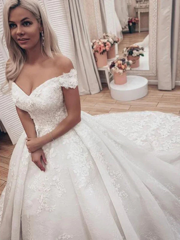 Sweetheart Off The Shoulder Ball Gown Wedding Dresses With Chapel Train