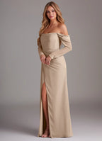 Off-the-Shoulder Satin Bridesmaid Dress with Long Sleeves, Back Cutout and High Slit