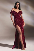 Red Off-the-Shoulder V Neck Pleats Mermaid Trumpet Floor-Length Evening Dress With Side Slit Cheap Prom Dresses