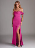 Off-the-shoulder satin bridesmaid dress with draped bodice, mermaid skirt, and side slit