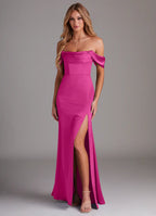 Off-the-shoulder satin bridesmaid dress with draped bodice, mermaid skirt, and side slit