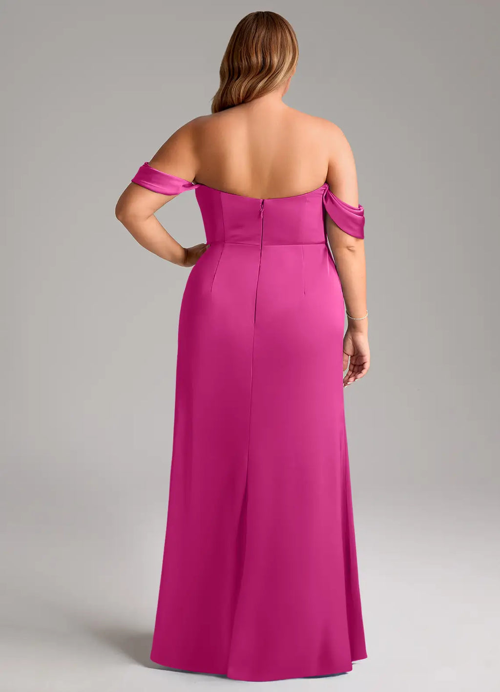 Off-the-shoulder satin bridesmaid dress with draped bodice, mermaid skirt, and side slit