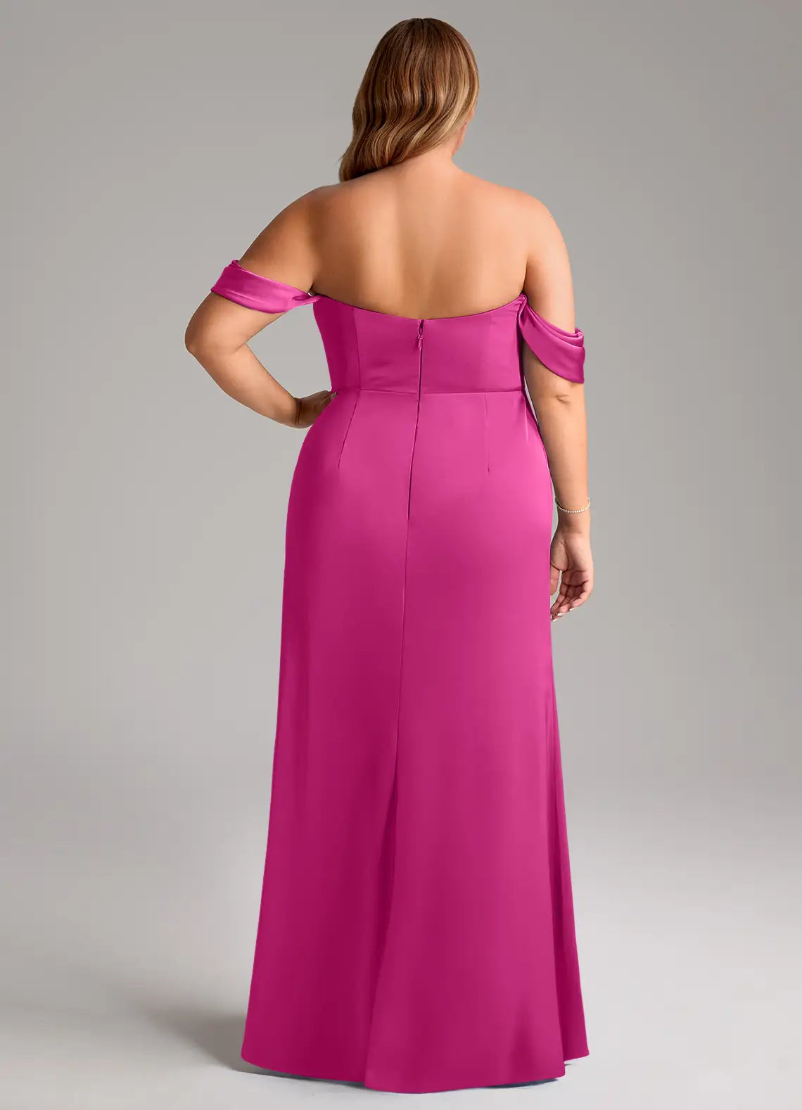 Off-the-shoulder satin bridesmaid dress with draped bodice, mermaid skirt, and side slit