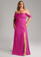 Off-the-shoulder satin bridesmaid dress with draped bodice, mermaid skirt, and side slit