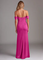 Off-the-shoulder satin bridesmaid dress with draped bodice, mermaid skirt, and side slit