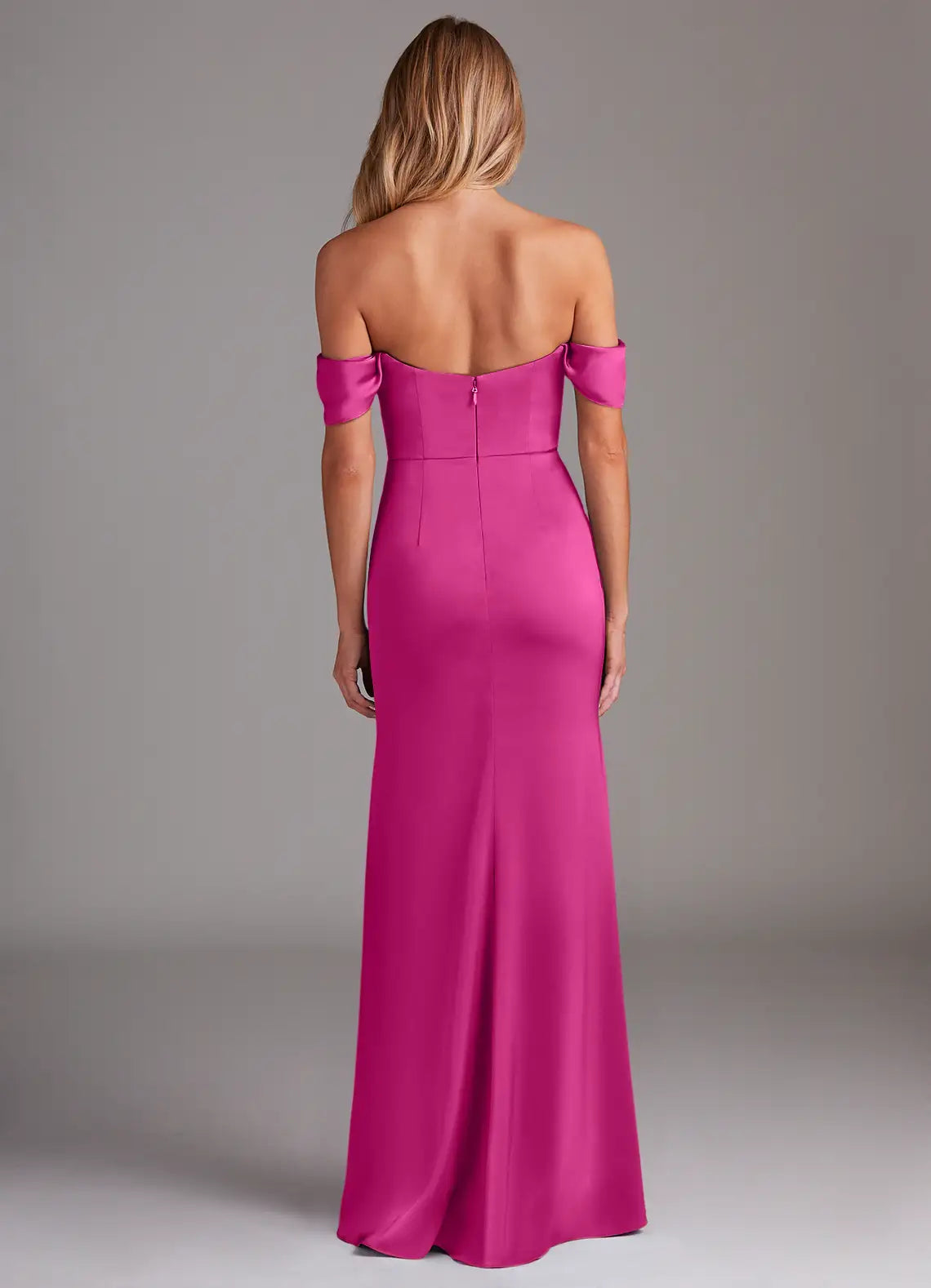 Off-the-shoulder satin bridesmaid dress with draped bodice, mermaid skirt, and side slit