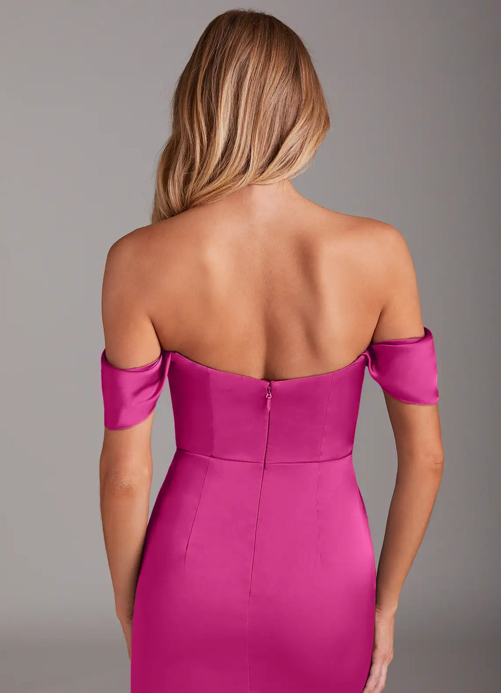 Off-the-shoulder satin bridesmaid dress with draped bodice, mermaid skirt, and side slit