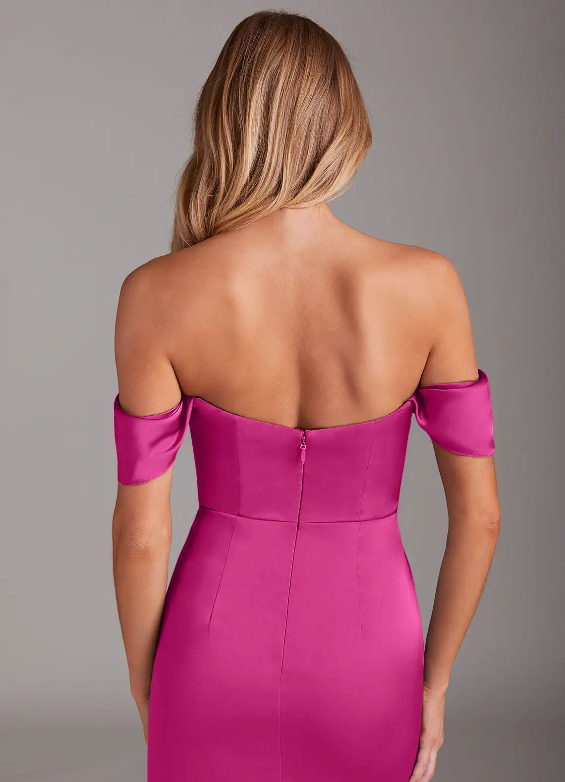 Off-the-shoulder satin bridesmaid dress with draped bodice, mermaid skirt, and side slit