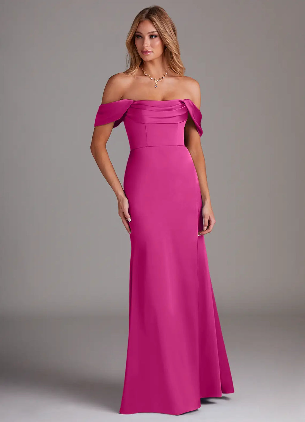 Off-the-shoulder satin bridesmaid dress with draped bodice, mermaid skirt, and side slit