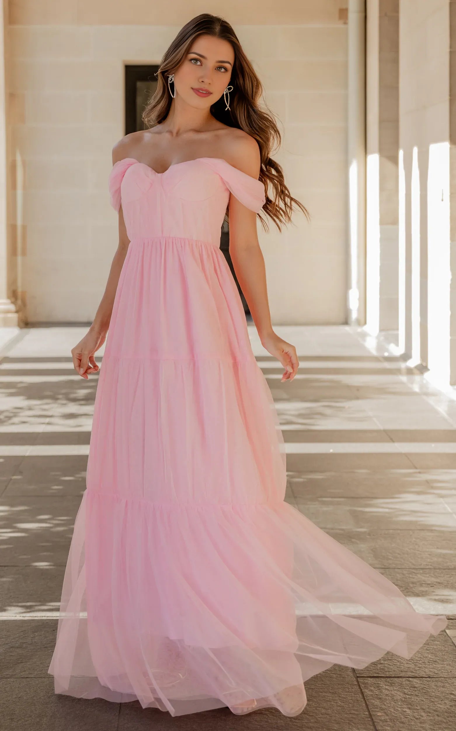 Pink Off Shoulder Corset Bodice Floor-Length Dress A-Line Sleeveless Elegant Zipper Up Evening Dress