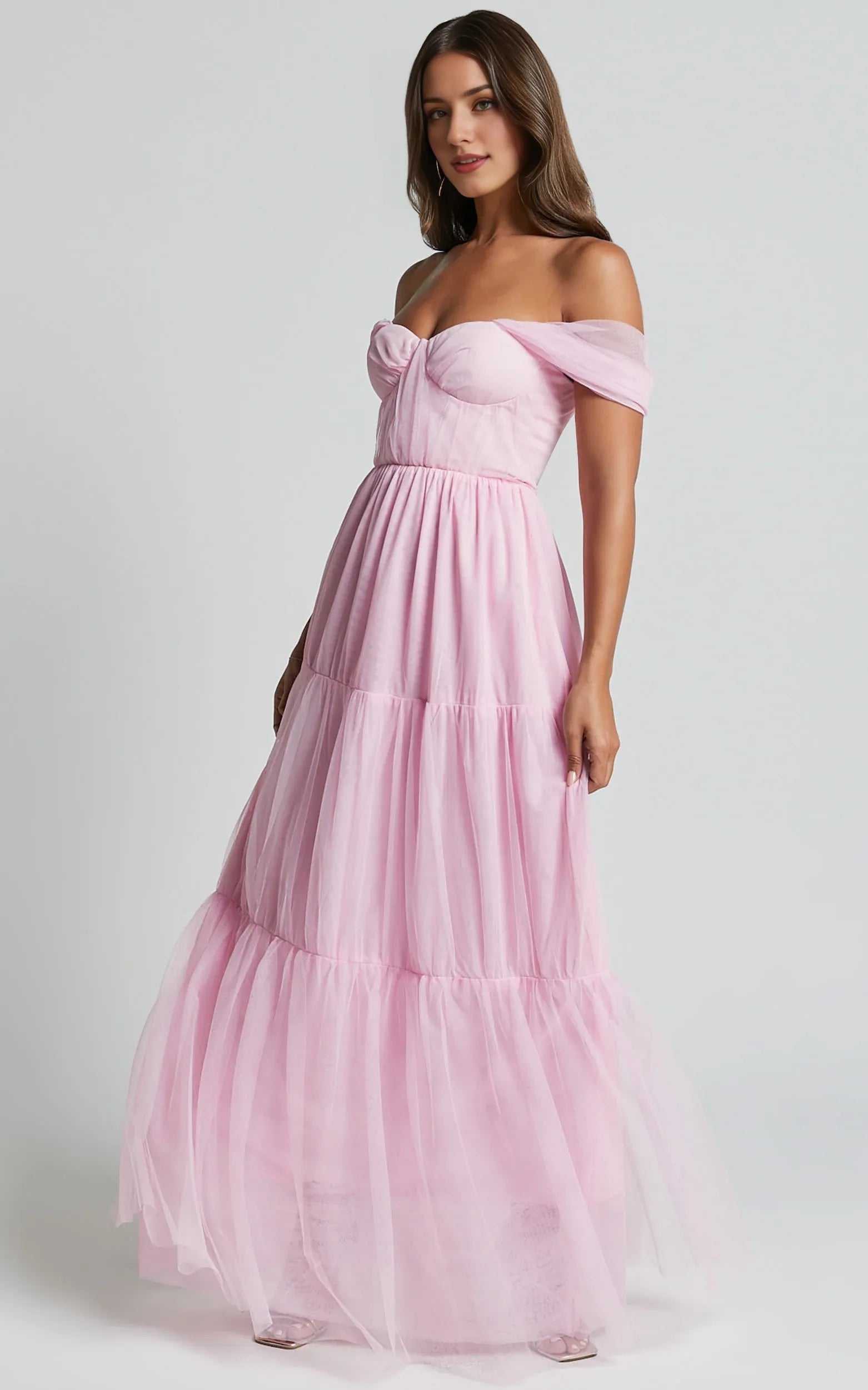 Pink Off Shoulder Corset Bodice Floor-Length Dress A-Line Sleeveless Elegant Zipper Up Evening Dress