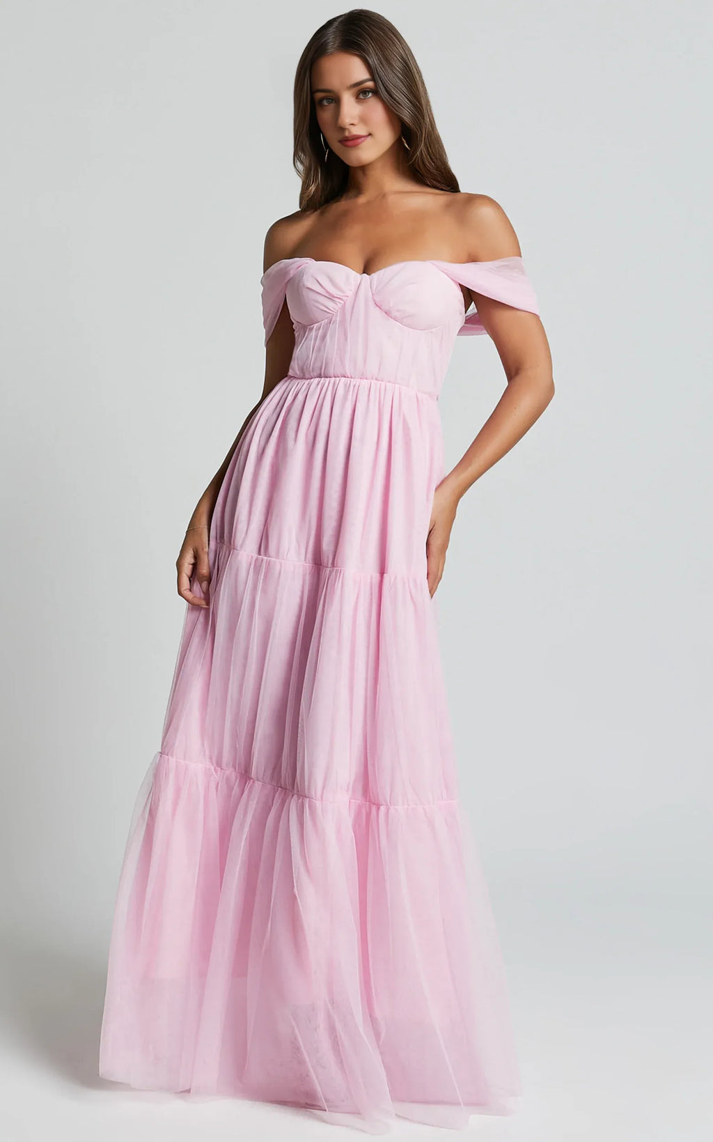 Pink Off Shoulder Corset Bodice Floor-Length Dress A-Line Sleeveless Elegant Zipper Up Evening Dress