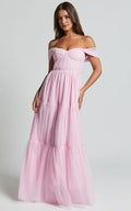 Pink Off Shoulder Corset Bodice Floor-Length Dress A-Line Sleeveless Elegant Zipper Up Evening Dress