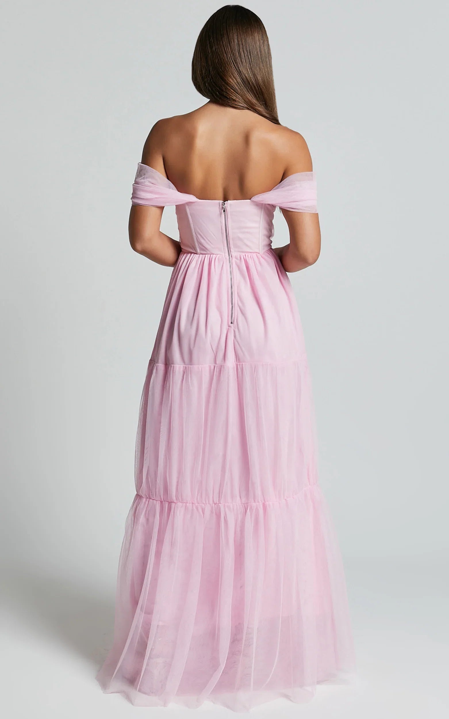 Pink Off Shoulder Corset Bodice Floor-Length Dress A-Line Sleeveless Elegant Zipper Up Evening Dress