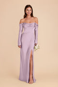 Off Shoulder Long Sleeve Satin Bridesmaid Dress Draped Neck High Slit Mermaid Floor Length Wedding Guest Formal Gown