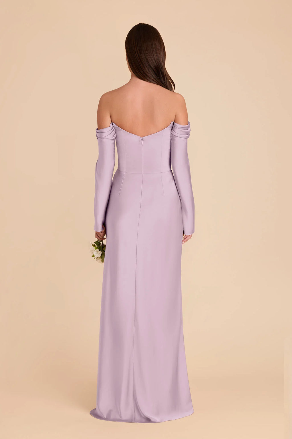 Off Shoulder Long Sleeve Satin Bridesmaid Dress Draped Neck High Slit Mermaid Floor Length Wedding Guest Formal Gown